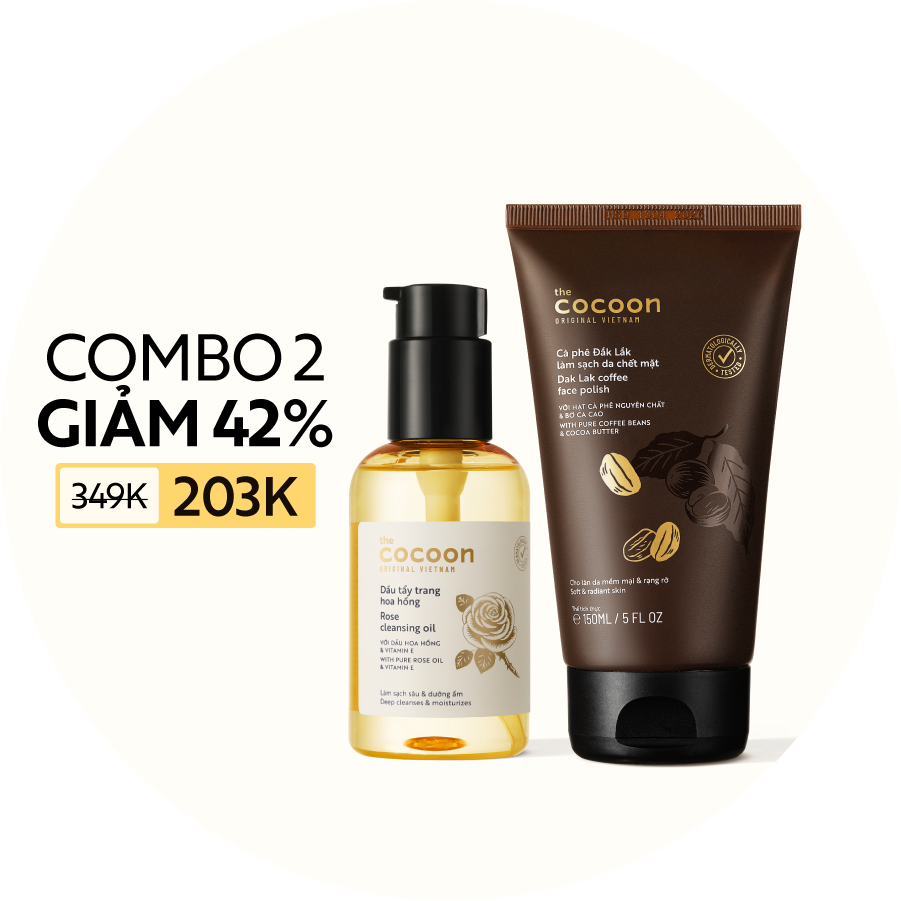 COMBO Dầu tẩy trang hoa hồng 140ml và Tẩy da chết mặt cà phê Đắk Lắk Cocoon 150ml