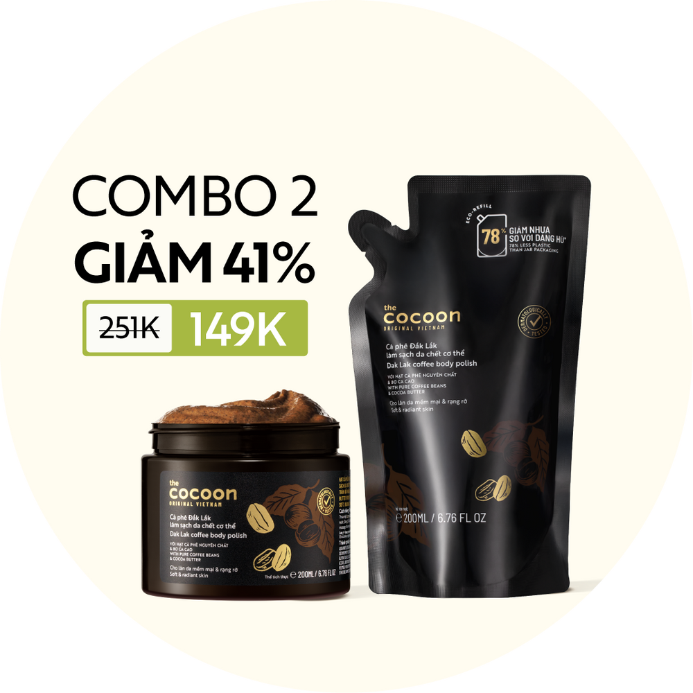 Combo 1 hũ Tẩy da chết cơ thể cà phê Đắk Lắk Cocoon cho làn da mềm mại và rạng rỡ 200ml + 1 Túi refill tẩy da chết cà phê 200ml